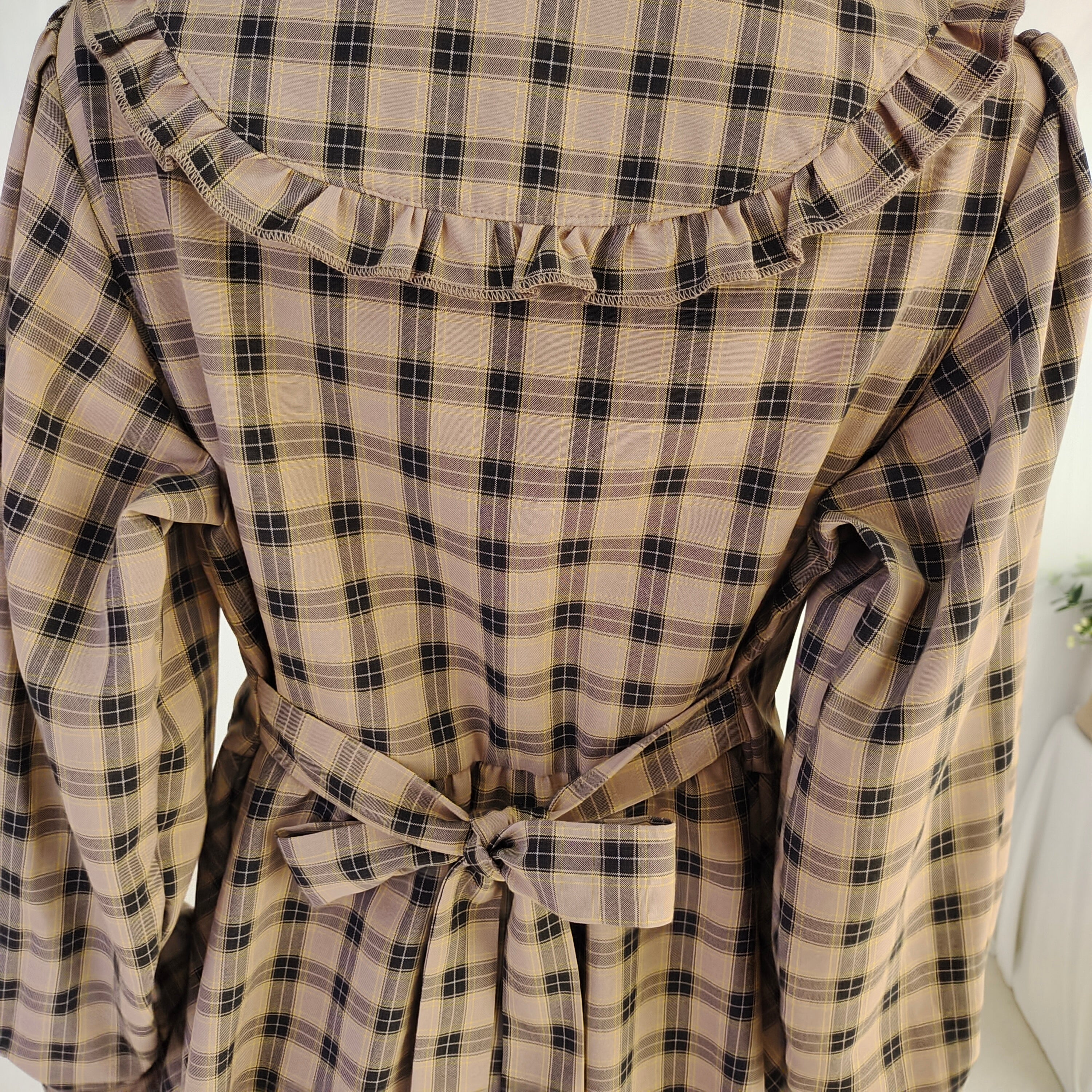 Vintage Plaid Long Sleeve Dress with Peter Pan Collar Ruffle Trim Midi Cottagecore Dress